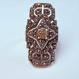 Chapal Zenray 14K Gold Marcasite Art Deco 1.2" Sterling Silver 925 VTG Ring